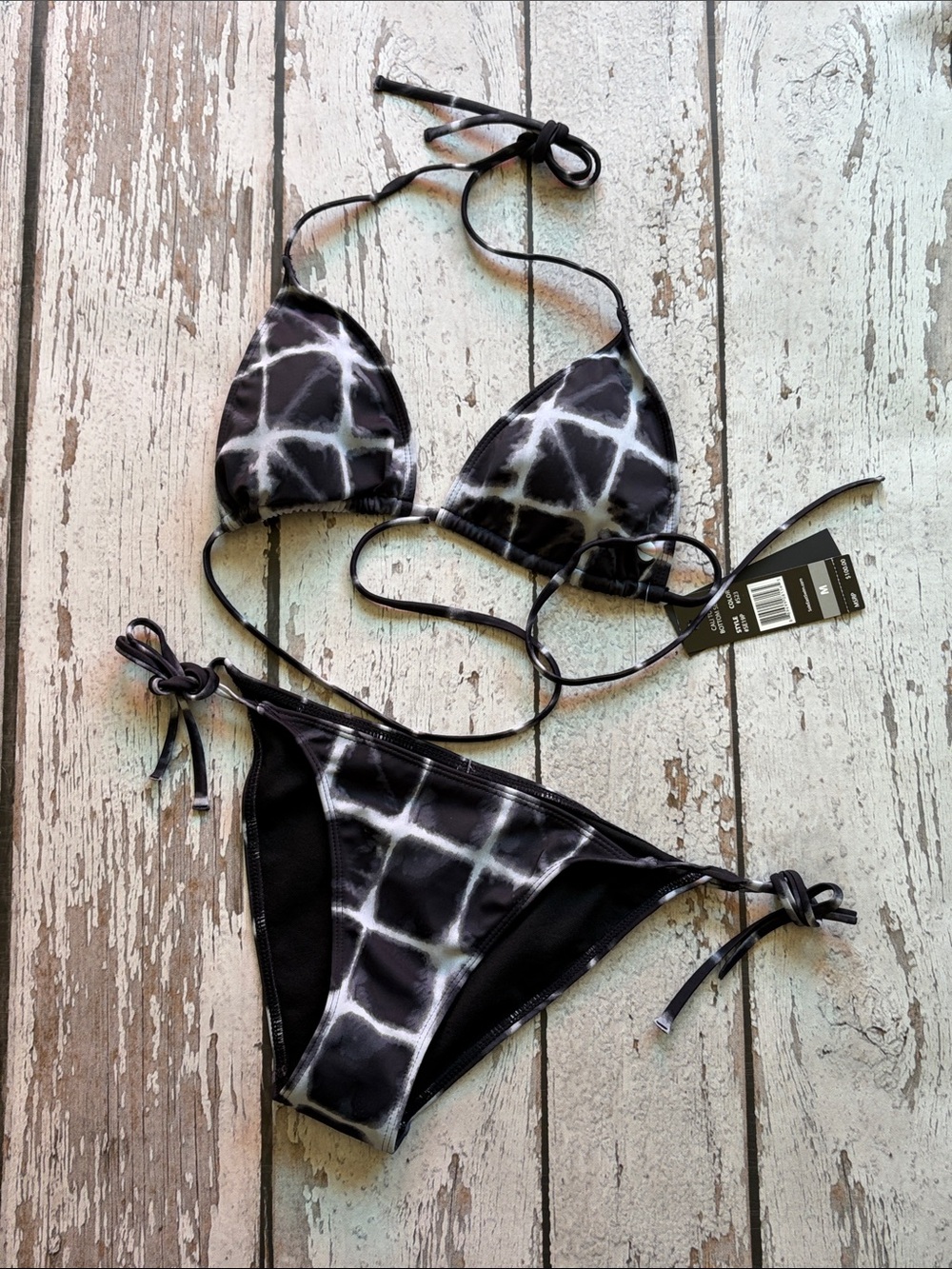 SOLE EAST Cali - Black & White Grid Tie-Side Triangle Bikini Set - Sz M